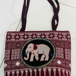 Elephant Embroidered Burgundy Tote Bag